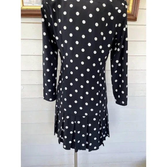 Vintage 1980s Black White Polka Dot Pleated Dress - Picture 12 of 12